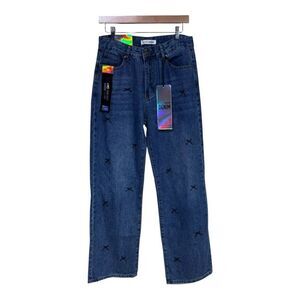 Love Soho Womens Mid Waist Wide Leg Embroidered X Denim Jeans Medium Wash NEW